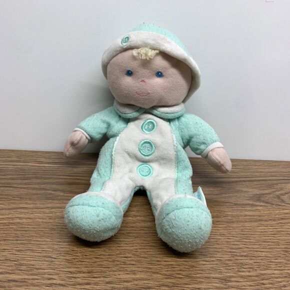 Eden Blonde Boy Baby Doll Green Cream Sleeper Cap 10in Soft Plush Learning Curve - Picture 1 of 9
